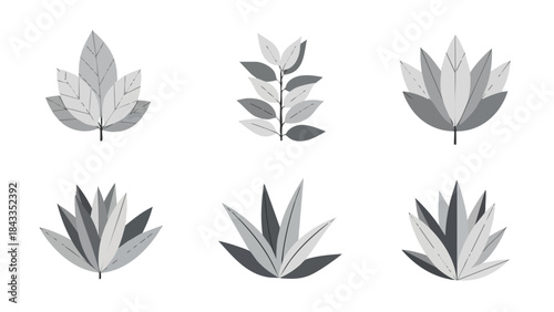 Minimalist Grey Botanical Vector Set Modern Flat Design Leaf and Plant Icons Collection for Organic Nature Concepts
