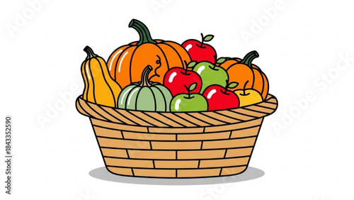 Woven Basket Filled with Fresh Fruits and Vegetables on White Background