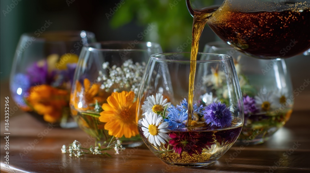 Fototapeta premium Tea is being poured into glasses filled with colorful flowers. The setting is bright showing a home atmosphere with a touch of nature. This is happening during the afternoon.