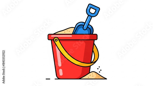 Red Bucket with Blue Shovel and Yellow Handle on Sand