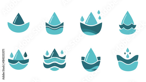 Water Drop Icons Set Flat Design Liquid Aqua Symbols for Hydration Purity Ecology and Conservation Concepts in Vector