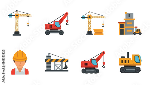 Construction Site Heavy Equipment Icons Set Cranes Excavator and Worker Vector Illustrations