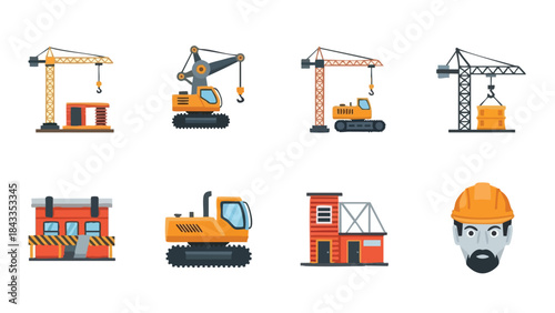 Construction Industry Vector Icons Set Building Cranes Excavators and Worker Helmets for Development Projects