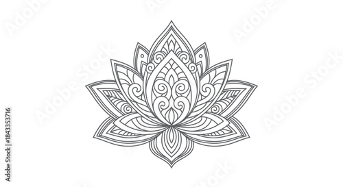 Intricate Line Art Lotus Flower with Detailed Petal Patterns.