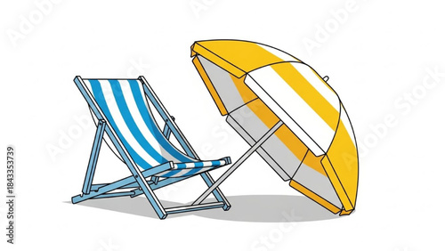 Beach Chair and Yellow Umbrella on White Background