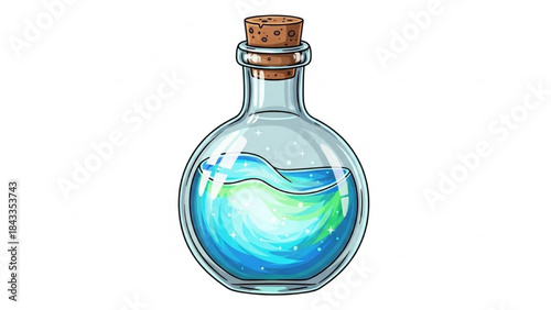 Glass Bottle with Blue Green Liquid Corked Isolated on White