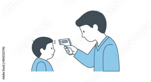 Illustration of a person taking a childs temperature with a non-contact infrared thermometer.