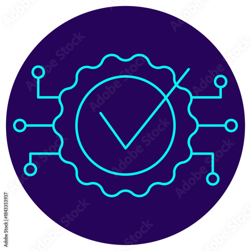 AI Quality Certification Icon. Minimalistic neon outline on a dark blue round background. Vector illustration of a verified quality stamp connected to a digital circuit, symbolizing system accuracy
