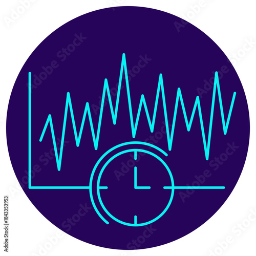 Real-Time Analytics Icon. Minimalistic neon outline on a dark blue round background. A stylish vector illustration of an oscillating graph and a clock, symbolizing market monitoring, data latency