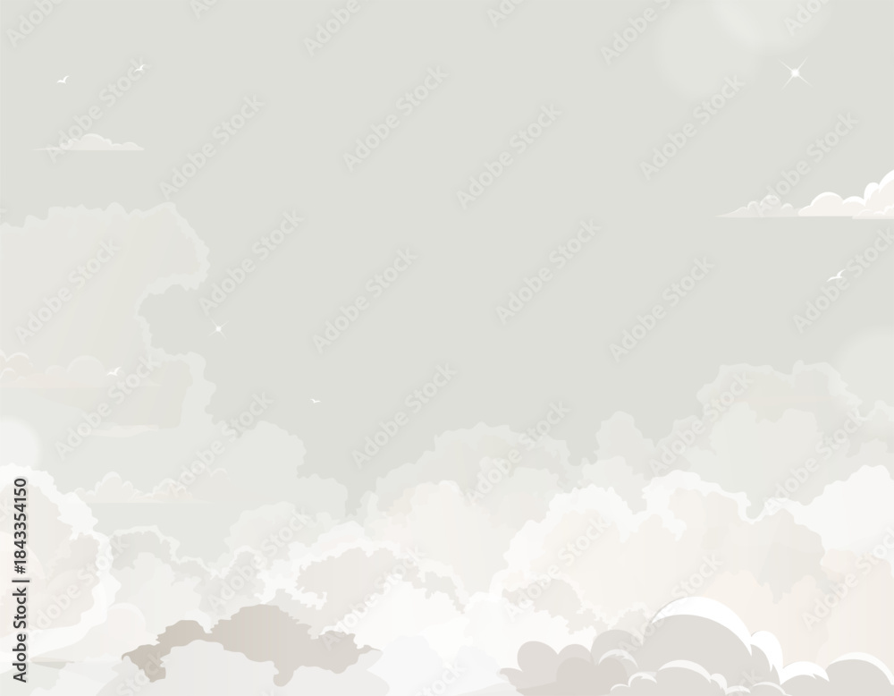 Naklejka premium Summer Sky background,Cloud dancer for 2026 trends,Nature Colour Cream Sky,White fluffy cloud fly like dancing,Vector cartoon horizon spring cloudy for landscape banner