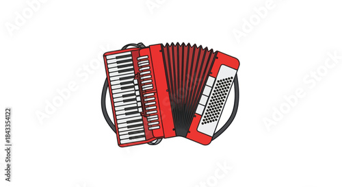 Red and Black Accordion Musical Instrument Isolated on White.