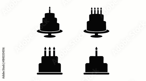 Set of four black silhouette birthday cakes with candles on a bright background for celebration-themed designs