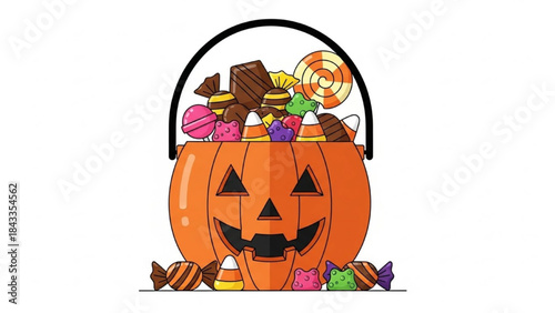 Halloween Pumpkin Bucket Filled with Colorful Candy on White