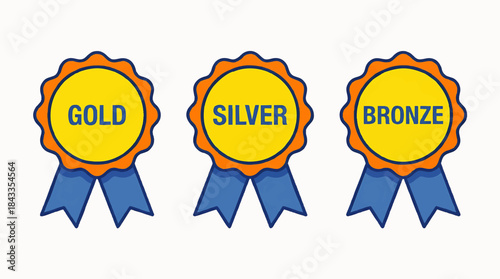 Set of three award badges featuring gold, silver, and bronze colors, ideal for recognizing achievement in competitions or events, designed with bright yellow text on vibrant circular backgrounds.
