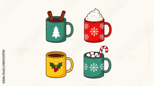 Cozy Winter Warm Drinks Collection Hot Chocolate Spiced Cider Mugs with Festive Decorations Perfect for Holiday Season Graphics