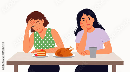 Two Women Feeling Unhappy and Unmotivated Over Large Meal and Dessert