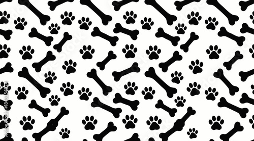 Seamless Pattern of Black Dog Paw Prints and Bones on White Background Pet Lover Textile Design