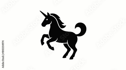 Majestic Black Silhouette of a Mythical Unicorn Rearing Up on White Background