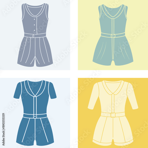 Baby romper technical sketch, flat fashion illustration, front and back view, babywear design template, zipper closure, vector outline drawing