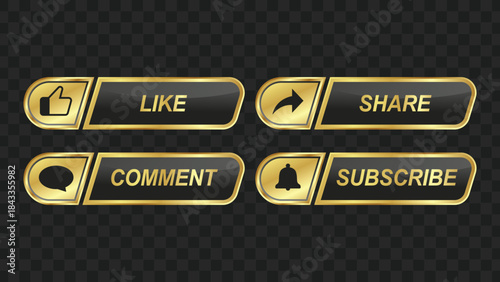 Set of glossy black and gold social media interaction buttons with icons and text for online platforms.