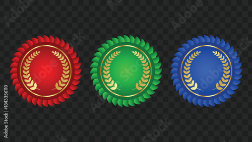 Three colorful award badges with golden laurel wreaths on a dark background.