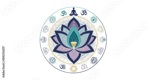 Spiritual Lotus Flower Mandala with Om and Yoga Symbols.