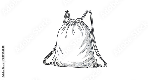 Hand-drawn sketch of a simple white drawstring backpack.
