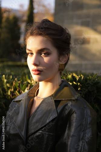  beautiful young slavic woman with long dark natural hair in elegant clothes