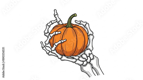 Skeleton Hand Holding Orange Pumpkin on White Background