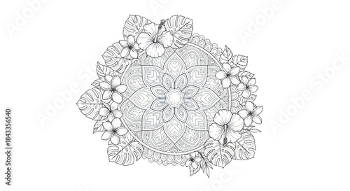 Intricate Floral Mandala Design with Detailed Leaf and Flower Elements.