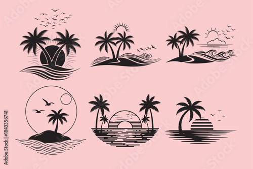 Collection of Vintage tropical island sunset and palm tree silhouette vector.