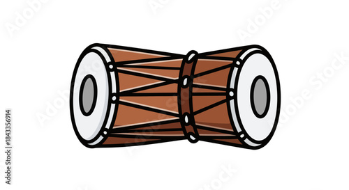 Cartoon Damaru Drum: Traditional Tibetan Percussion Instrument with Brown Wood and White Heads.