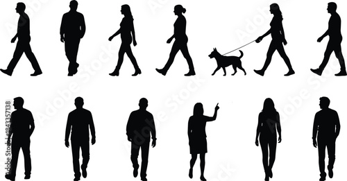 People walking silhouettes set isolated on white background, men and women pedestrians, daily activities, urban lifestyle, movement poses, vector illustration