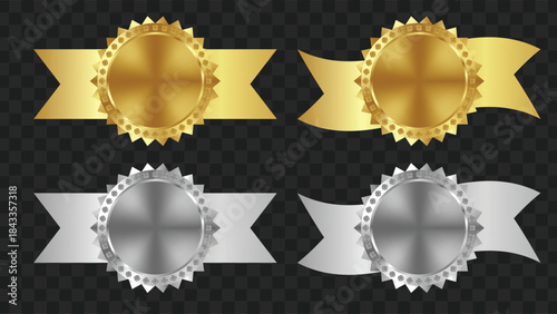 Four shiny gold and silver award medals with blank circular centers and flowing ribbons, set against a transparent background.