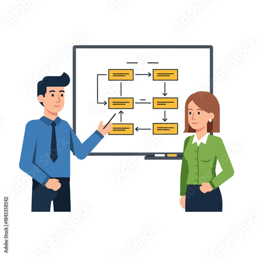 Business colleagues presenting a process flowchart on a whiteboard, discussing workflow strategy.