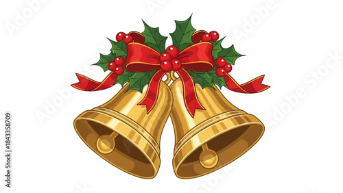 Golden Christmas Bells with Red Ribbon and Holly on White