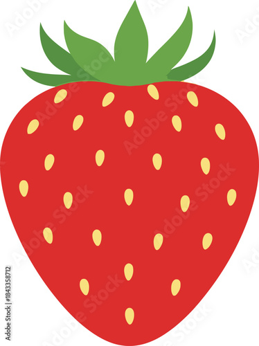 A vibrant illustration of a ripe red strawberry with detailed seeds and green leaves