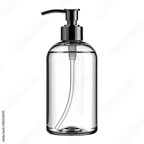Clear bottle w/ pump, shiny, sleek, on black background