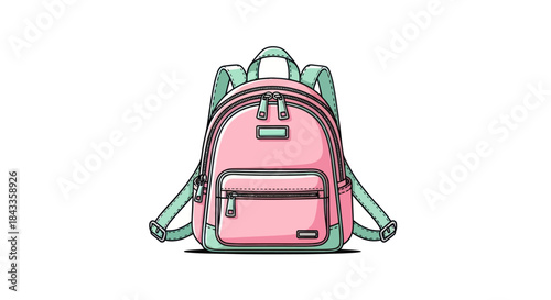 A stylish pink backpack with teal accents and multiple zippered compartments.