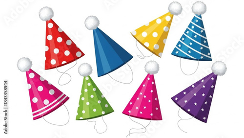 Colorful Party Hats with White Pom Poms on White Background