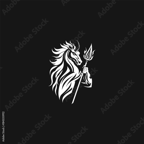 Muscular and powerful fantasy illustration of a unicorn with a bodybuilder physique, holding a trident
