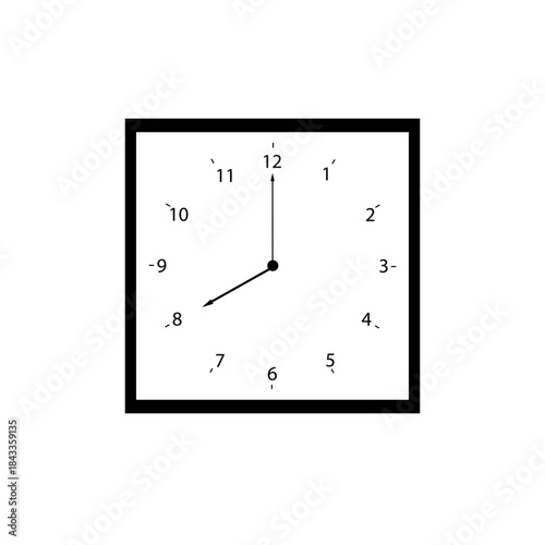 Minimalist vector illustration of a clock set to eight o'clock sharp. Symbolizes the start of a typical business workday or a planned evening event.