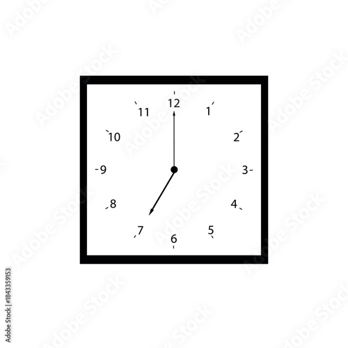 Simple vector graphic of a square clock face showing seven o'clock. Useful for morning routines evening hours or defining a specific operational segment.