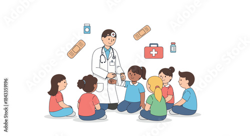 Friendly doctor teaching children about health and first aid.
