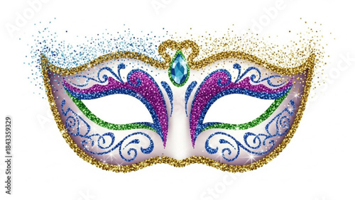 Mardi Gras Mask with Gold Glitter on White Background