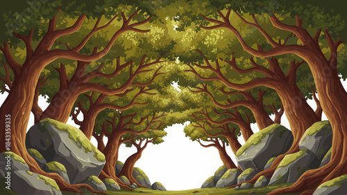 oak forest with wide canopies, strong branching structures, layered leaves, and a classic European style woodland environment rich in natural character, on white isolated sky