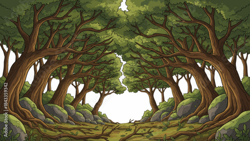 oak forest with wide canopies, strong branching structures, layered leaves, and a classic European style woodland environment rich in natural character, on white isolated sky