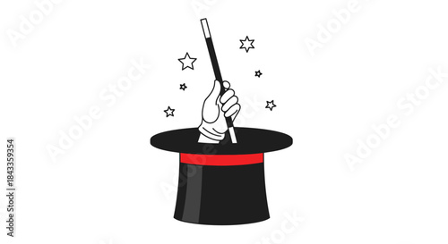 Hand Holding Magic Wand Emerging from Top Hat.