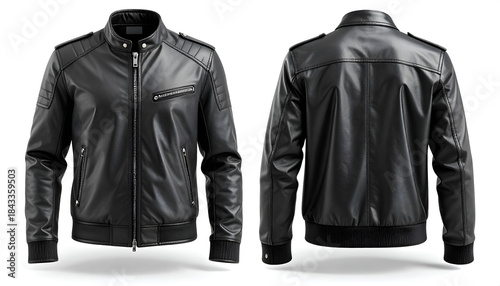 manly black leather jacket mockup from front and back angles with view of a classic biker style.  mock up design on white background