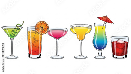 Colorful Cocktails with Garnishes on White Background